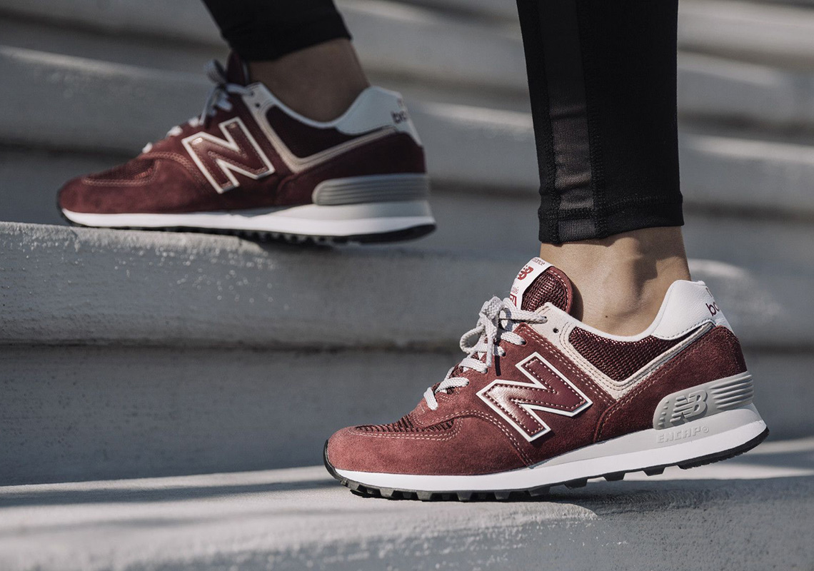 new balance 574 burgundy on feet